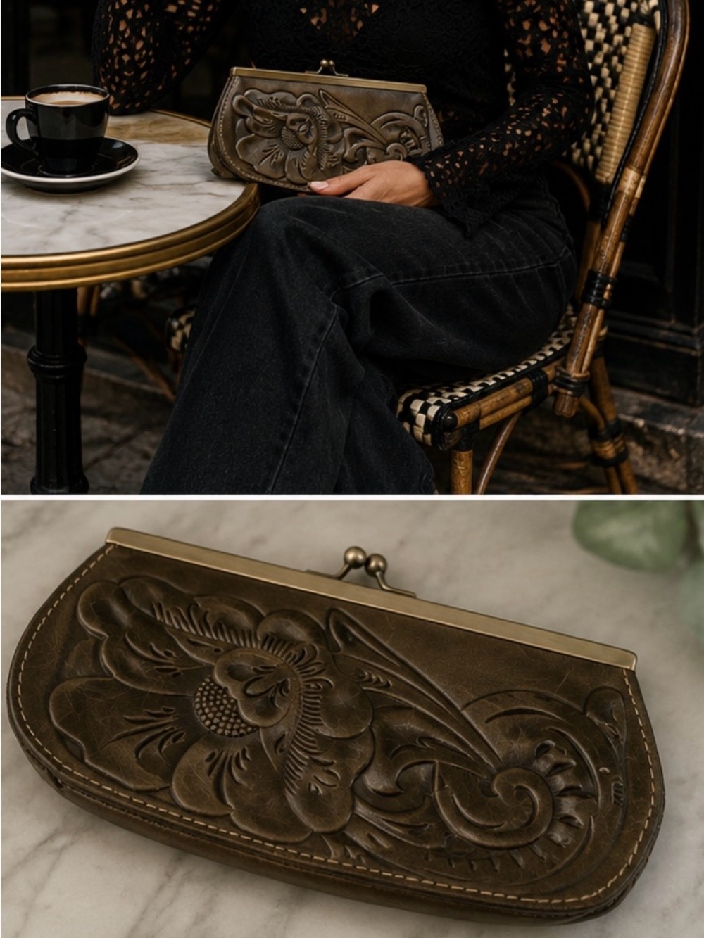 Patricia Nash Olive Green Tooled Floral Leather Effie Frame Wallet